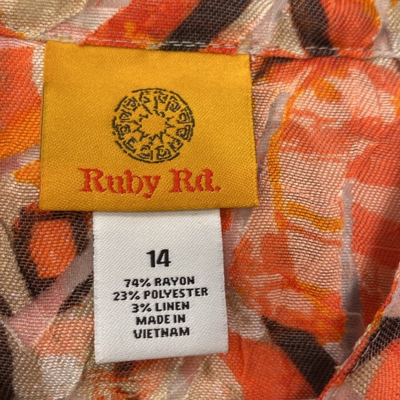 Ruby Rd. Orange Abstract Button Down Top Size 14 Mesh Detail Smocked Back Waist - Picture 14 of 16
